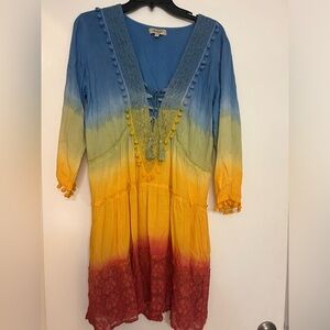 Magic woman’s long-sleeve 100% rayon colorful dress w lace/poms Size Small